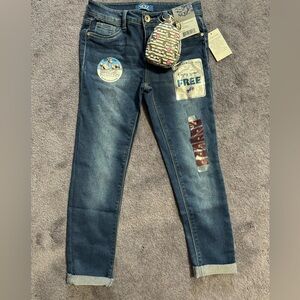 Girls SQZ Rolled Ankle Crop Denim Jeans Dark Wash FREE GIFT UNICORN BAG Sz 8